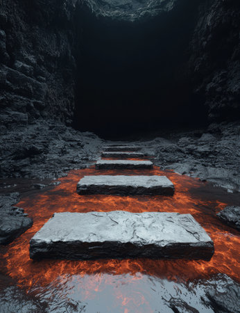 Dramatic fiery path through dark caveの素材