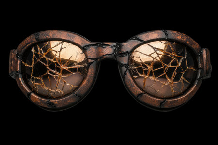 Cracked and damaged goggles with golden web-like patternsの素材