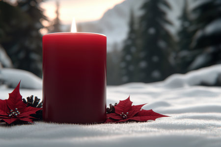 Cozy winter scene with red candle and poinsettia flowersの素材