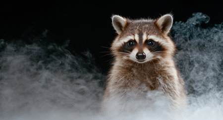 Close-up of a curious raccoon in the darkの素材