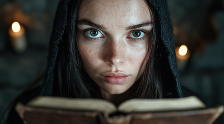 Mysterious woman reading book in dark roomの素材