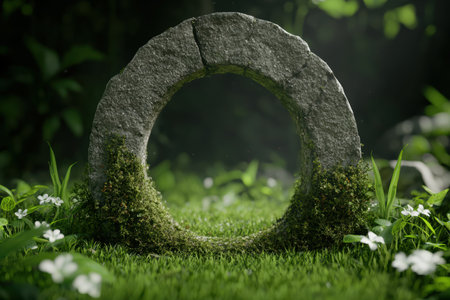 Enchanting stone arch in lush green forestの素材