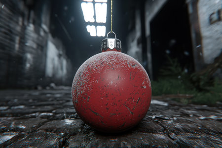 Festive red christmas ornament in snowy winter sceneの素材