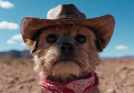 Adorable dog wearing cowboy hat and bandana in desert landscapeの素材
