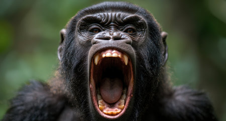 Angry chimpanzee with open mouth showing teethの素材