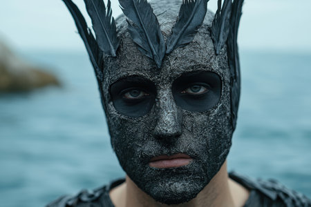 mysterious masked figure in dark environmentの素材