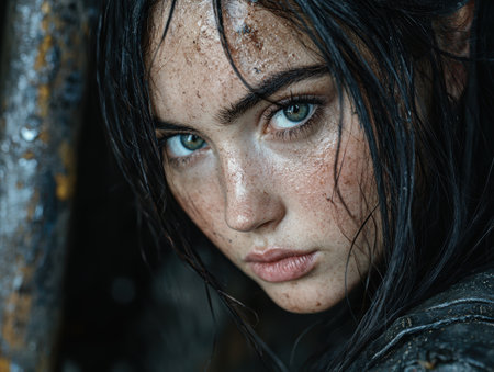 Intense gaze of a young woman with dark hair and frecklesの素材