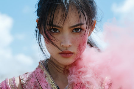 Mysterious young woman with pink smokeの素材