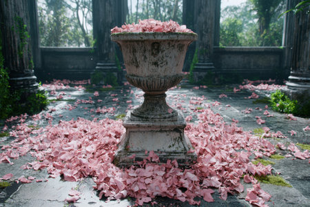 Ornate stone urn overflowing with pink flower petals in lush forest settingの素材