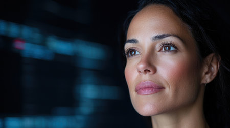 Thoughtful woman with dark hair looking into the distanceの素材