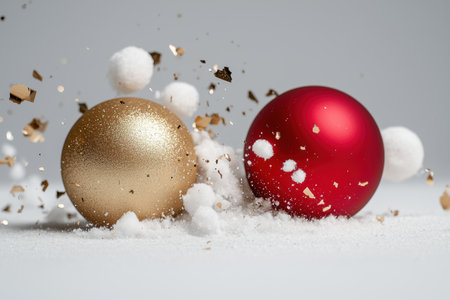 Festive christmas ornaments in snowの素材