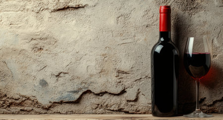 Red wine bottle and glass on rustic backgroundの素材