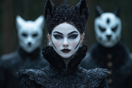 dark fantasy portrait of a mysterious woman in elaborate black costumeの素材