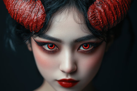 Mysterious woman with red eyes and dark makeupの素材