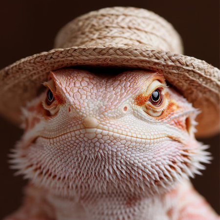 close-up of a bearded dragon wearing a straw hatの素材