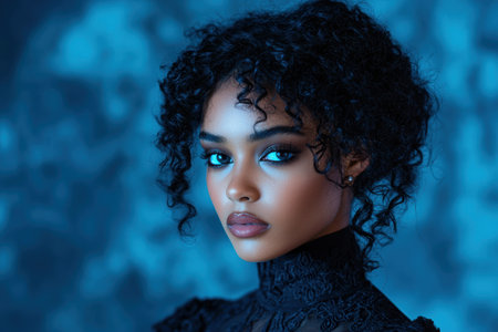 Captivating portrait of a woman with curly dark hair and intense gazeの素材