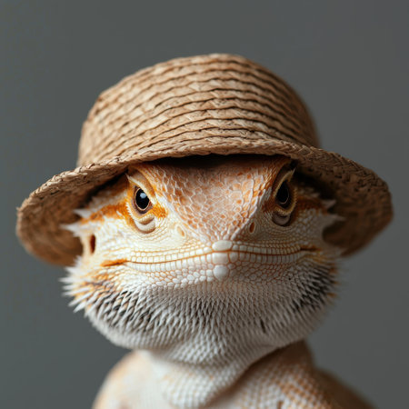 Bearded dragon wearing a straw hatの素材