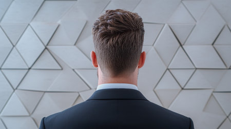 businessman with stylish haircut standing in front of geometric wallの素材