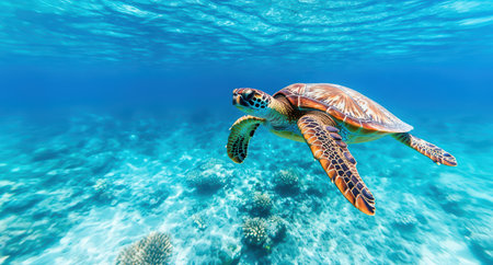 Colorful sea turtle swimming in clear blue ocean waterの素材