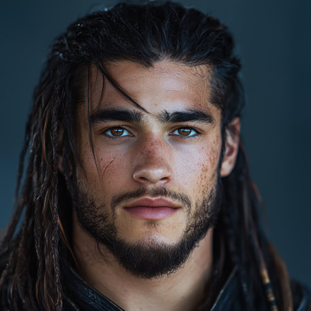 Intense gaze of a rugged man with dreadlocksの素材