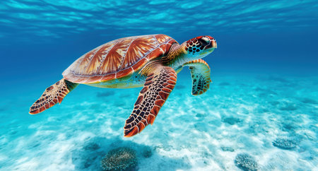 Colorful sea turtle swimming in blue oceanの素材