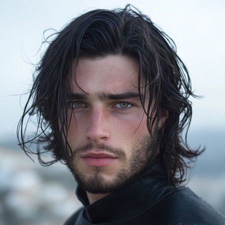 Rugged and brooding man with long dark hairの素材