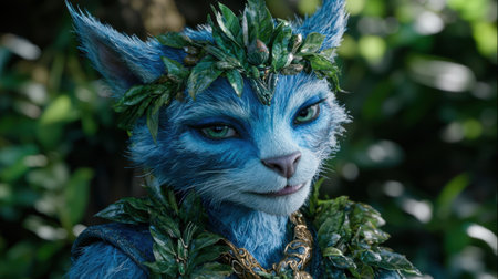 Whimsical fantasy creature with blue fur and floral crownの素材