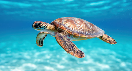 Majestic sea turtle swimming in crystal clear blue oceanの素材