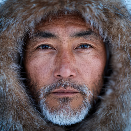 close-up portrait of a rugged man in a fur-lined hoodの素材