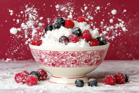 Delicious winter berries and powdered sugar in a festive bowlの素材
