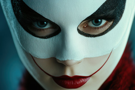 Mysterious masked face with intense blue eyesの素材