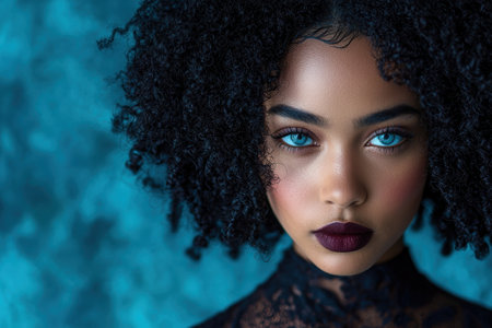 Captivating portrait of a young woman with curly hairの素材
