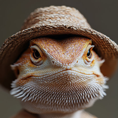 Close-up of a bearded dragon lizard wearing a straw hatの素材