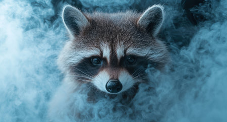 Closeup of a curious raccoon in the mistの素材