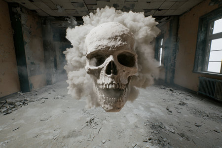 Surreal skull explosion in abandoned buildingの素材