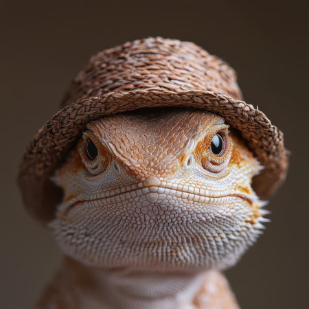 close-up portrait of a bearded dragon wearing a straw hatの素材