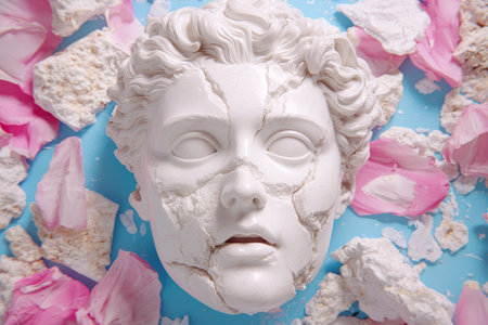 Cracked marble statue head surrounded by pink flowersの素材
