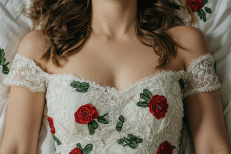 Bride in lace wedding dress with floral embroideryの素材