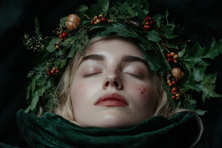 winter nature portrait of woman with floral crownの素材