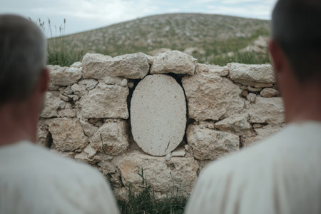 Weathered stone wall with oval-shaped rockの素材