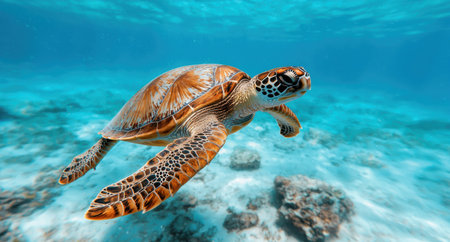 Vibrant sea turtle swimming in crystal clear oceanの素材