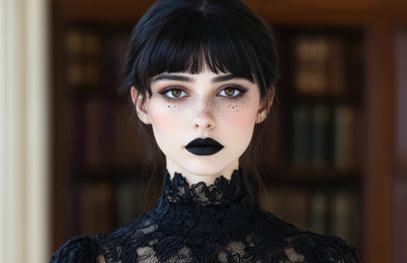 mysterious woman with dark makeup and lace dressの素材