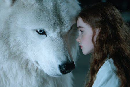 young girl with white wolfの素材