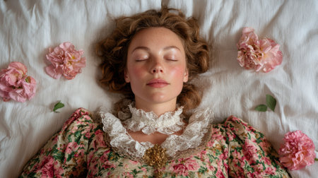 woman resting on bed surrounded by pink flowersの素材