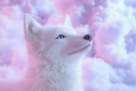 Majestic white wolf against pink cloudy skyの素材