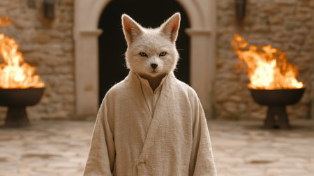 mystical fox in robe by fireplaceの素材