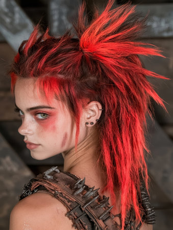 punk rock style portrait with vibrant red hairの素材