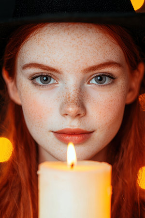Freckled redhead woman with piercing eyes holding a lit candleの素材