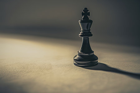 Black chess king piece on a wooden surfaceの素材