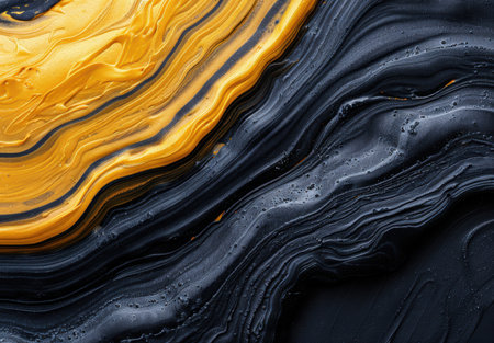 Abstract fluid art background with golden and black swirlsの素材